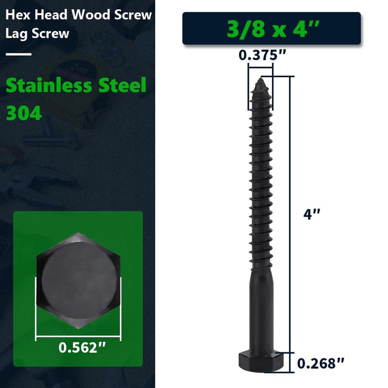 RoyceMart 8-Sets 3/8 x 4 Black Hex Head Lag Screws & Flat Washers, Heavy Duty Wood Lag Screws, 304 Stainless Steel (18-8), 3/8" Bolt - Image 2